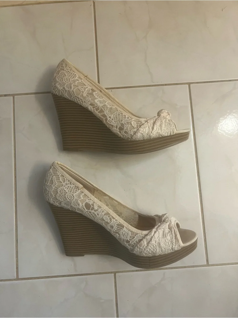 American Eagle Outfitters Women’s Cream Lace Peep-Toe Wedges with Bow Accent